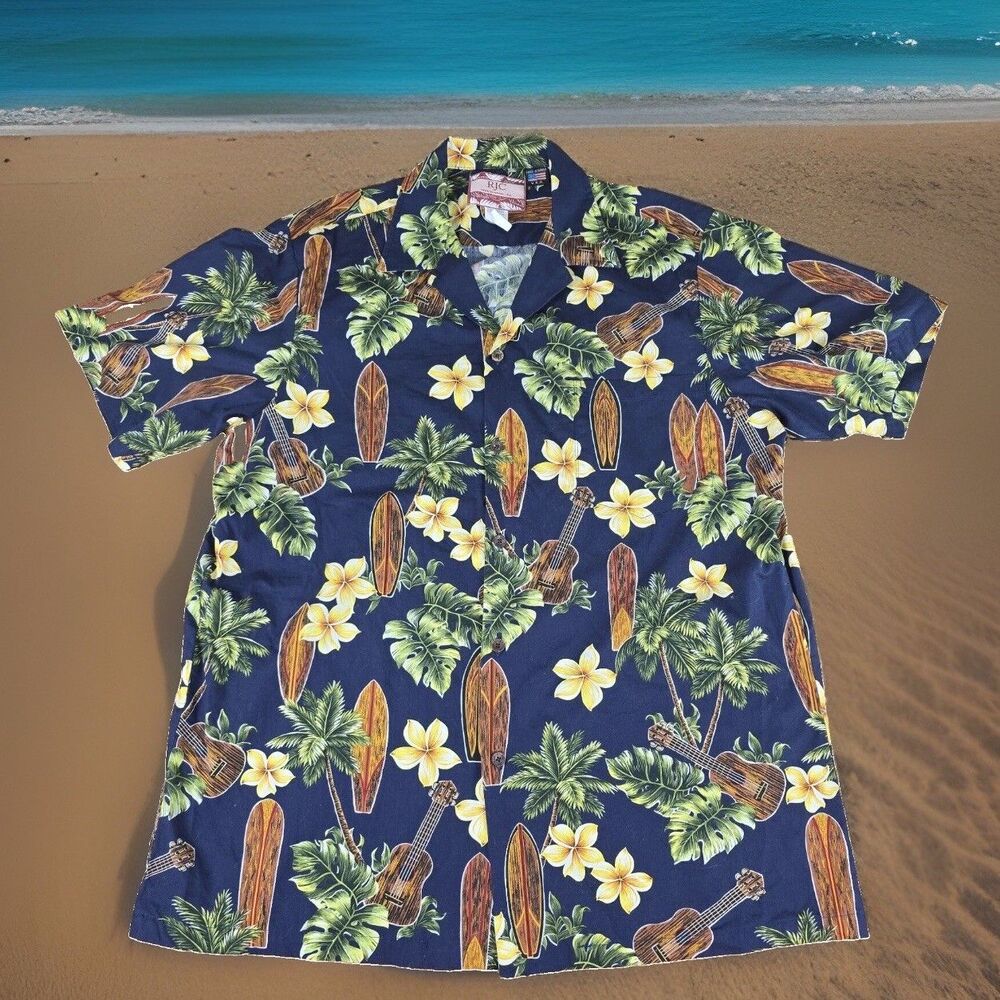 RJC Mens Hawaiian Short Sleeve Button Down Shirt Size L Guitar surfboard EUC!